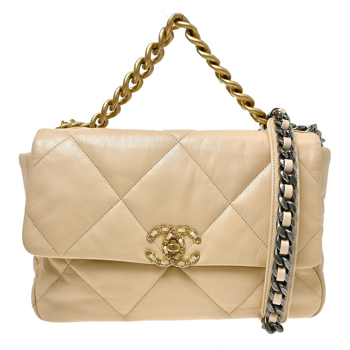 Chanel 19 Large Vintage 2-in-1 Shoulder Bag in Beige Lambskin
