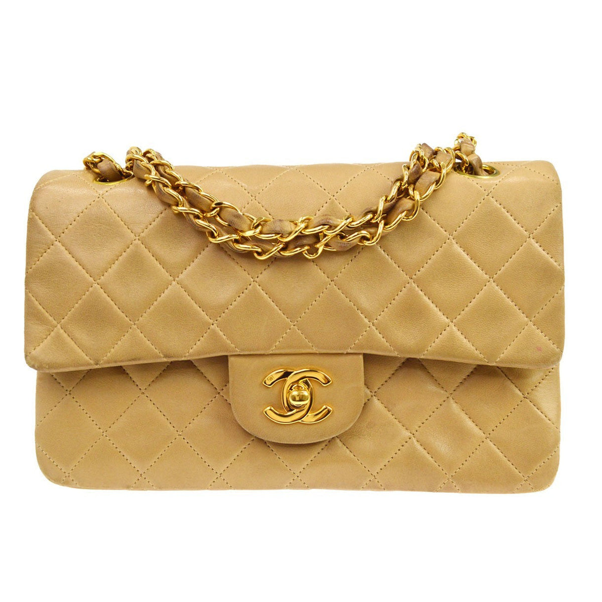 Chanel Classic Double Flap Small Vintage Shoulder Bag in Beige Leather