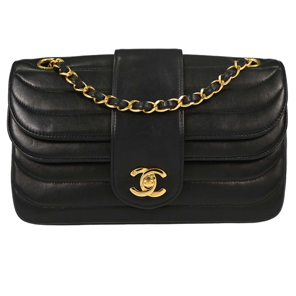 Chanel Black Lambskin Horizontal Stitch Small Double Flap Shoulder Bag