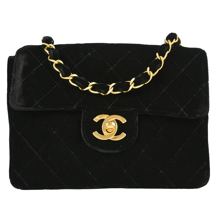 Chanel Black Velvet Mini Classic Square Flap 17 Shoulder Bag