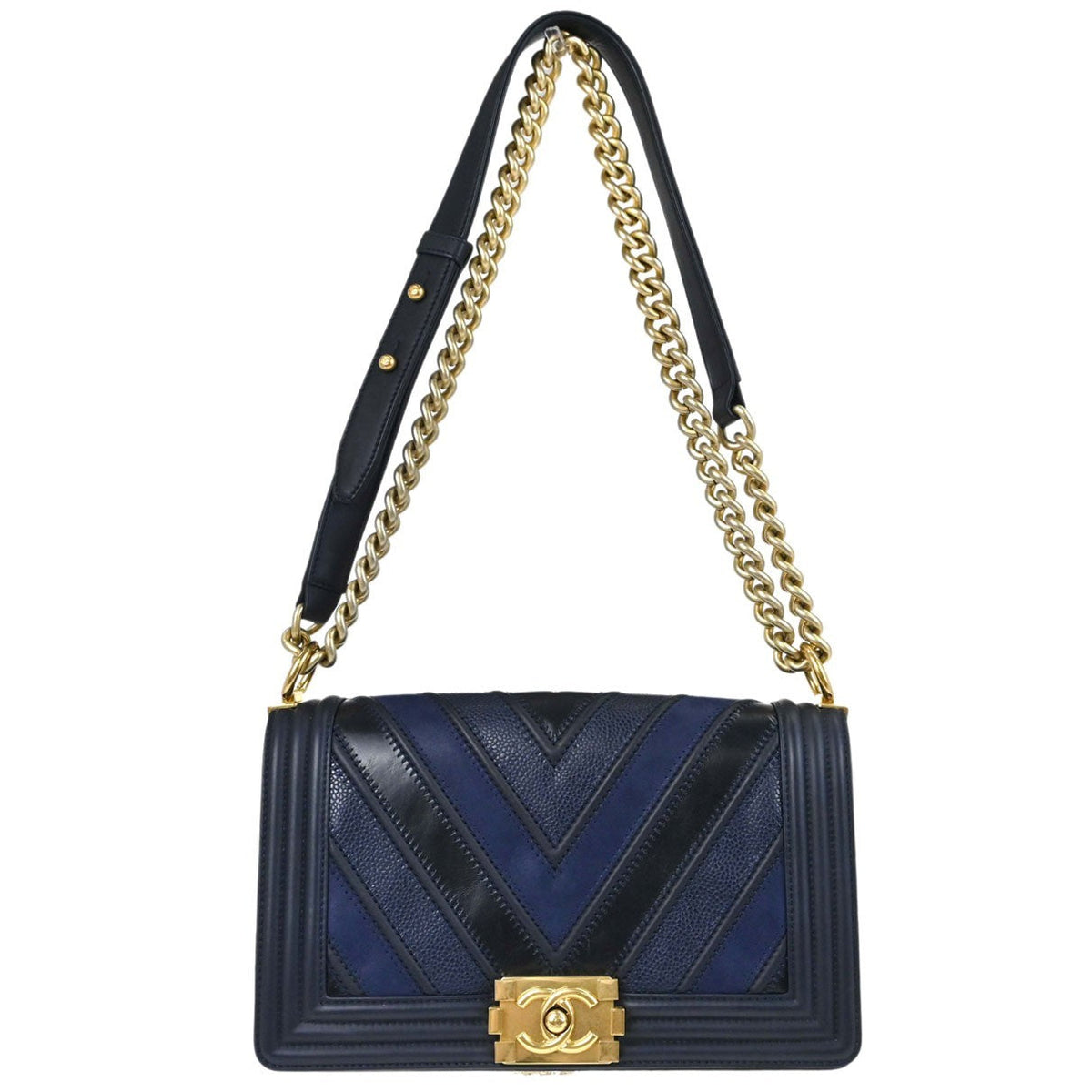 Chanel Boy Medium Vintage Shoulder Bag in Black and Navy Calfskin