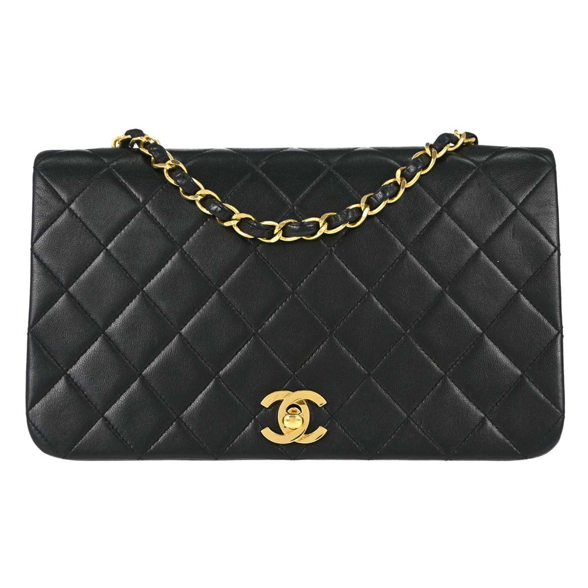 Chanel Full Flap Small Turnlock Vintage Shoulder Bag in Black Lambskin