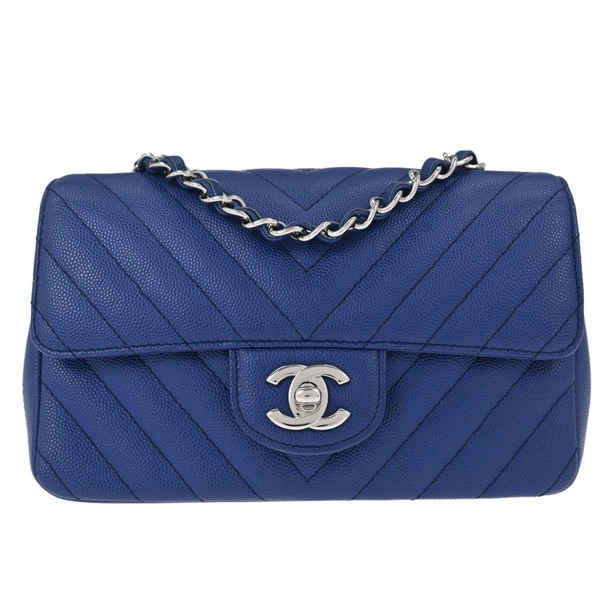 Chanel Single Flap Chevron Vintage Shoulder Bag in Blue Caviar Leather