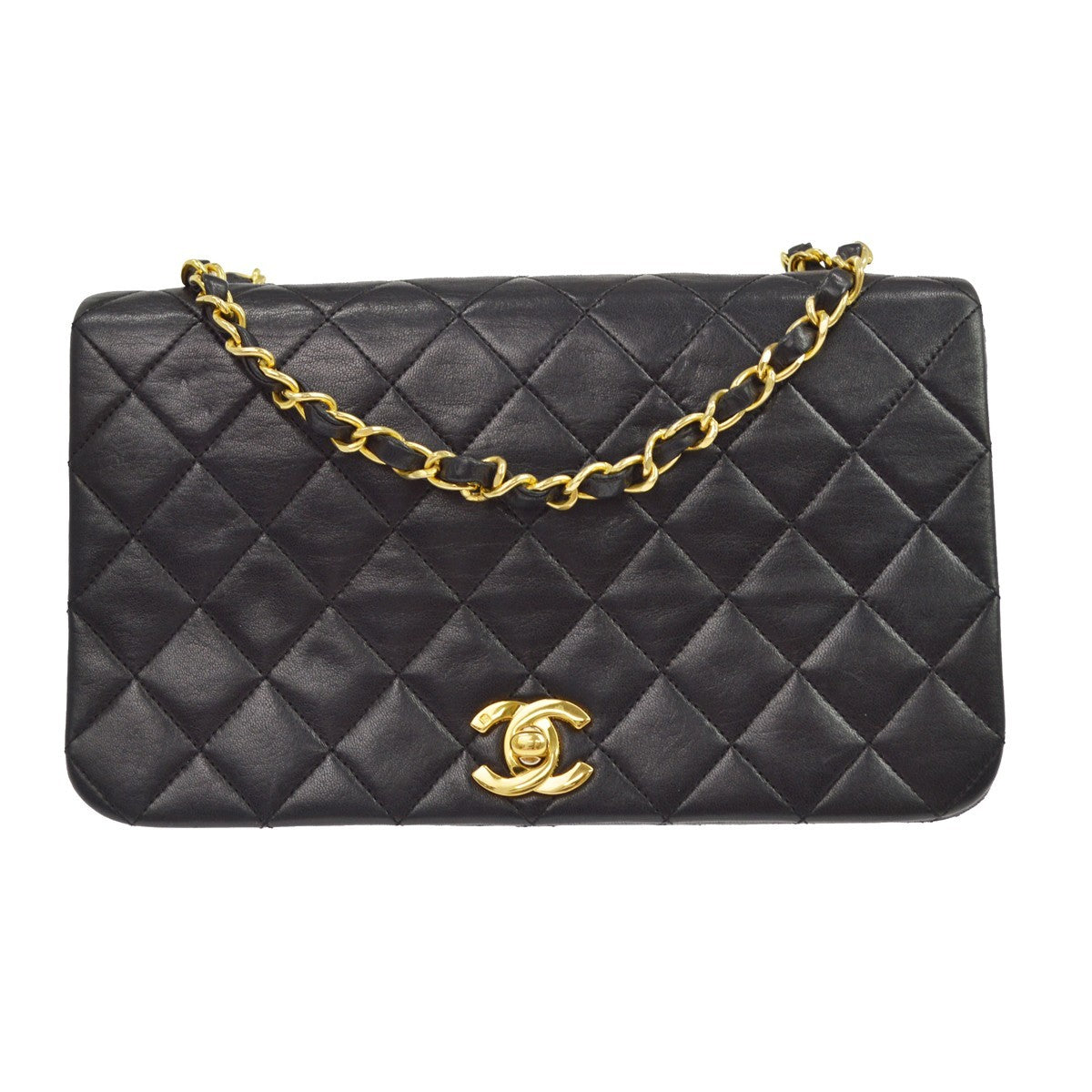 Chanel Small Full Flap Pushlock Vintage Shoulder Bag in Black Lambskin