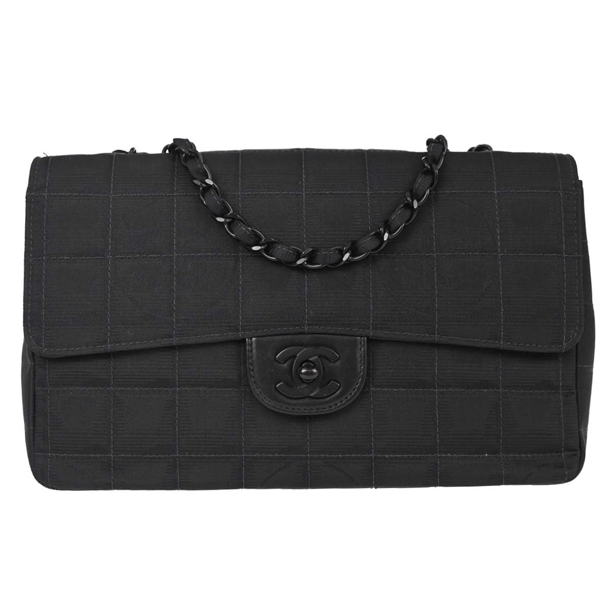 Chanel Travel Line Single Flap Medium Vintage Shoulder Bag in Black Nylon Jacquard