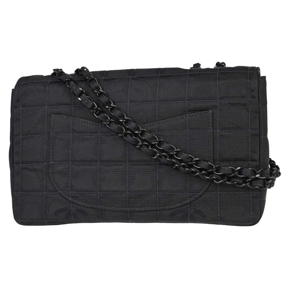 Chanel Travel Line Single Flap Medium Vintage Shoulder Bag in Black Nylon Jacquard