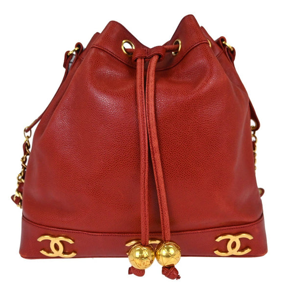 Chanel Triple CC Drawstring Vintage Shoulder Bag in Red Caviar Leather