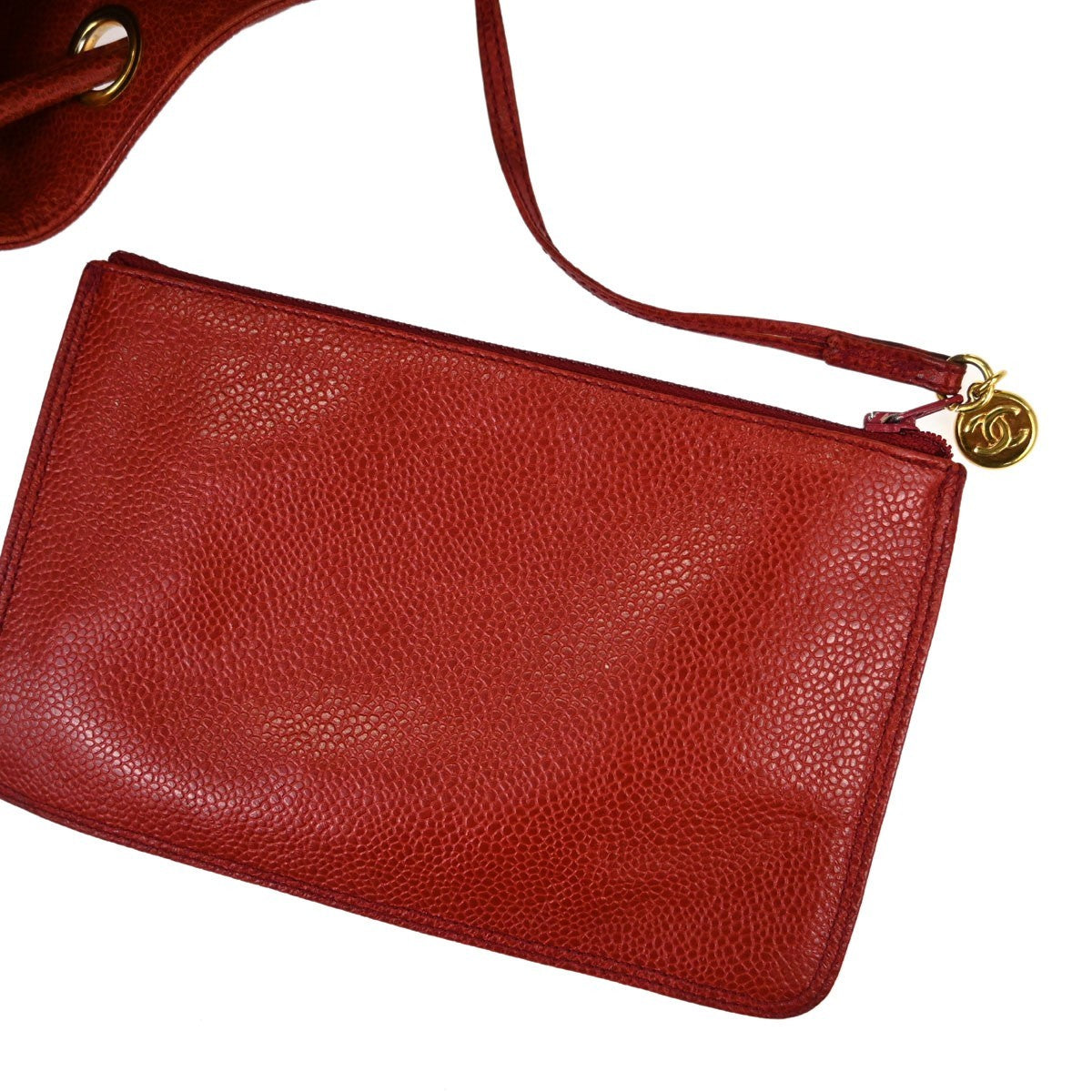 Chanel Triple CC Drawstring Vintage Shoulder Bag in Red Caviar Leather