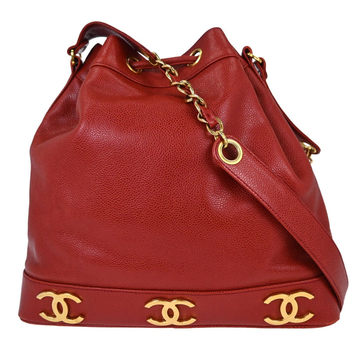 Chanel Triple CC Drawstring Vintage Shoulder Bag in Red Caviar Leather