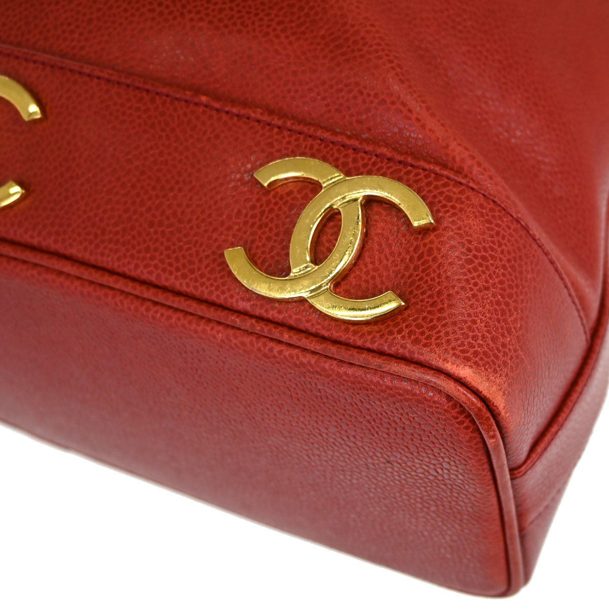 Chanel Triple CC Drawstring Vintage Shoulder Bag in Red Caviar Leather