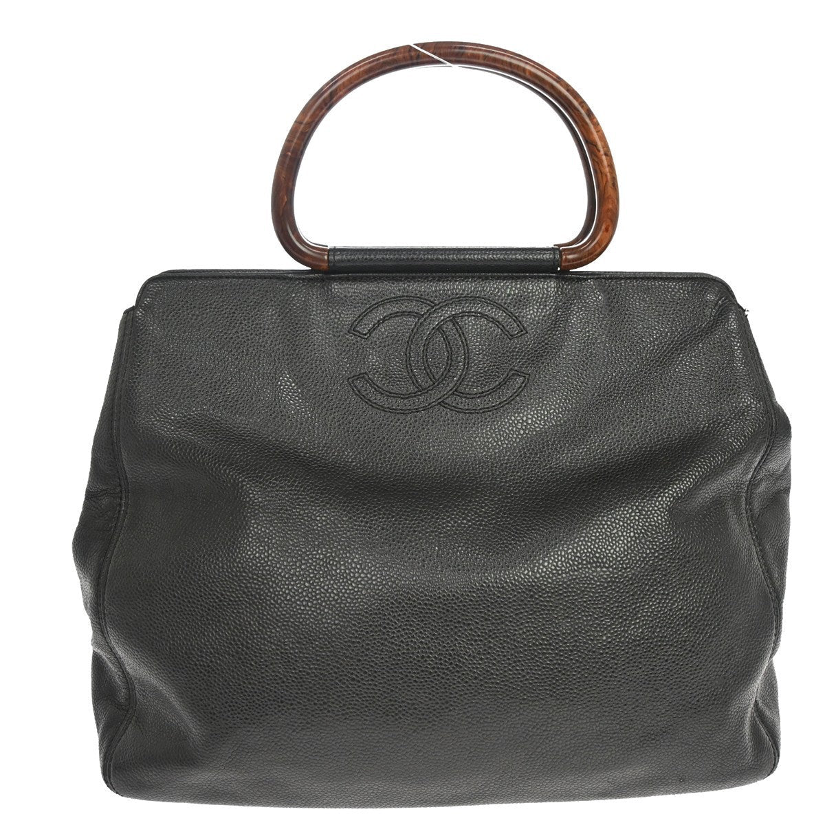 Chanel Wood Handle Vintage Handbag in Black Calfskin