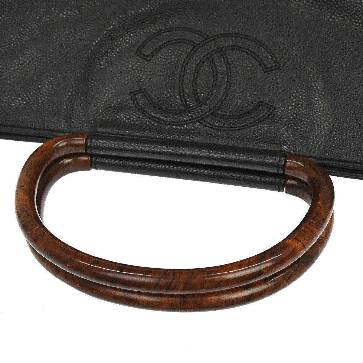 Chanel Wood Handle Vintage Handbag in Black Calfskin