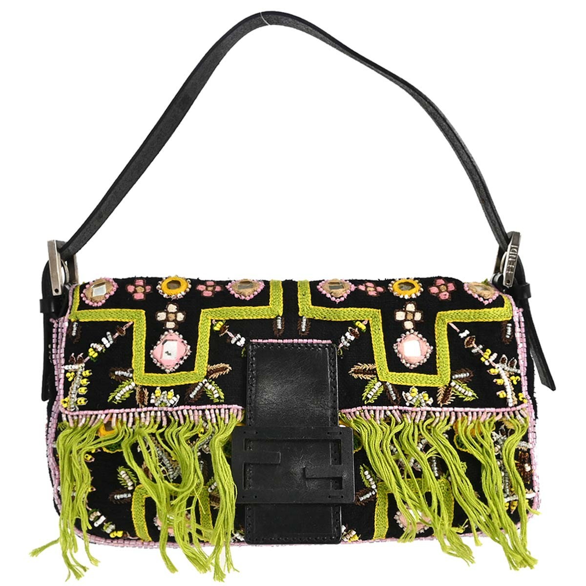 Fendi Baguette Ricamata con Frange Vintage Shoulder Bag in Black Canvas
