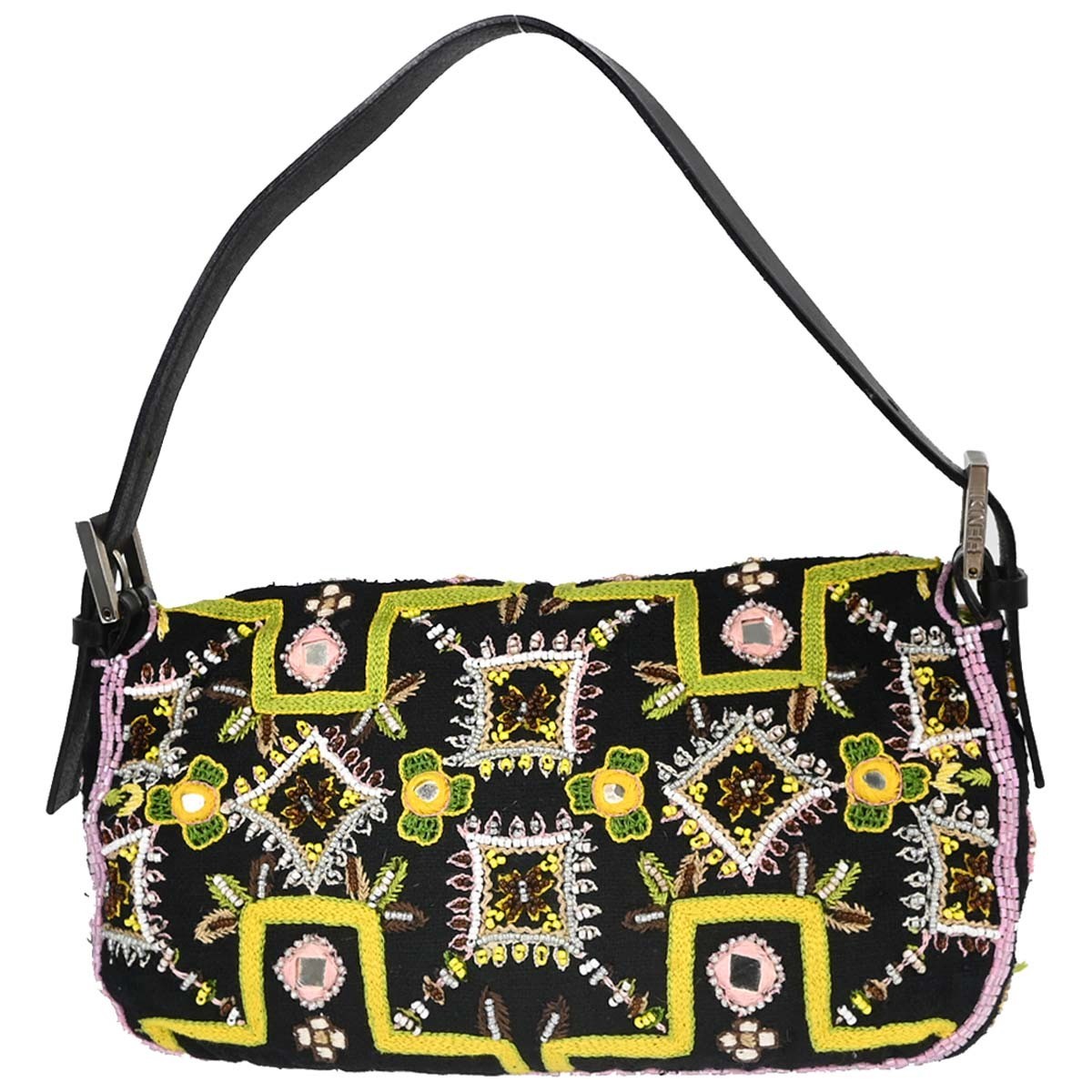 Fendi Baguette Ricamata con Frange Vintage Shoulder Bag in Black Canvas