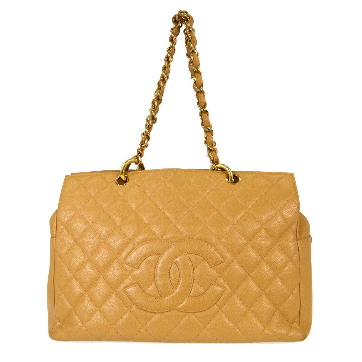 Chanel Beige Calfskin Grand Shopping Tote GST Chain Handbag