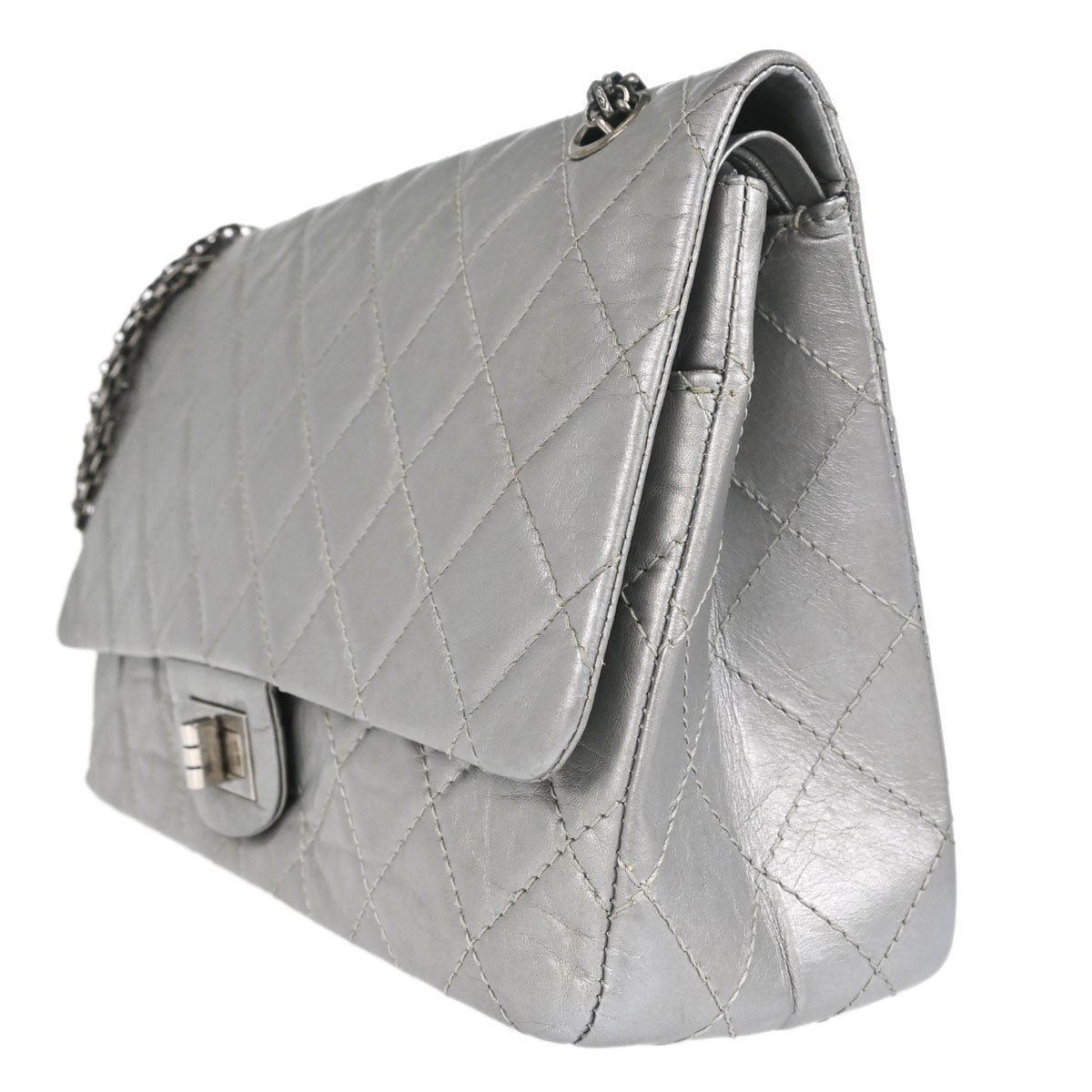 Chanel Silver Calfskin 2.55 Jumbo Classic Double Flap Shoulder Bag