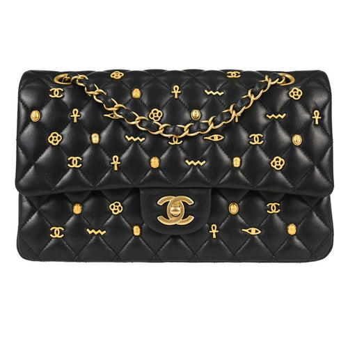 Chanel Black Lambskin Egyptian Medium Classic Double Flap Shoulder Bag