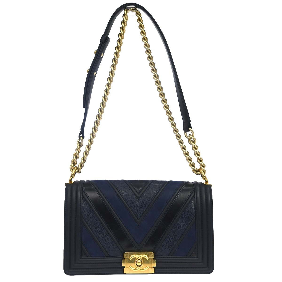 Chanel Boy Black Navy Calfskin Medium Chain Shoulder Bag