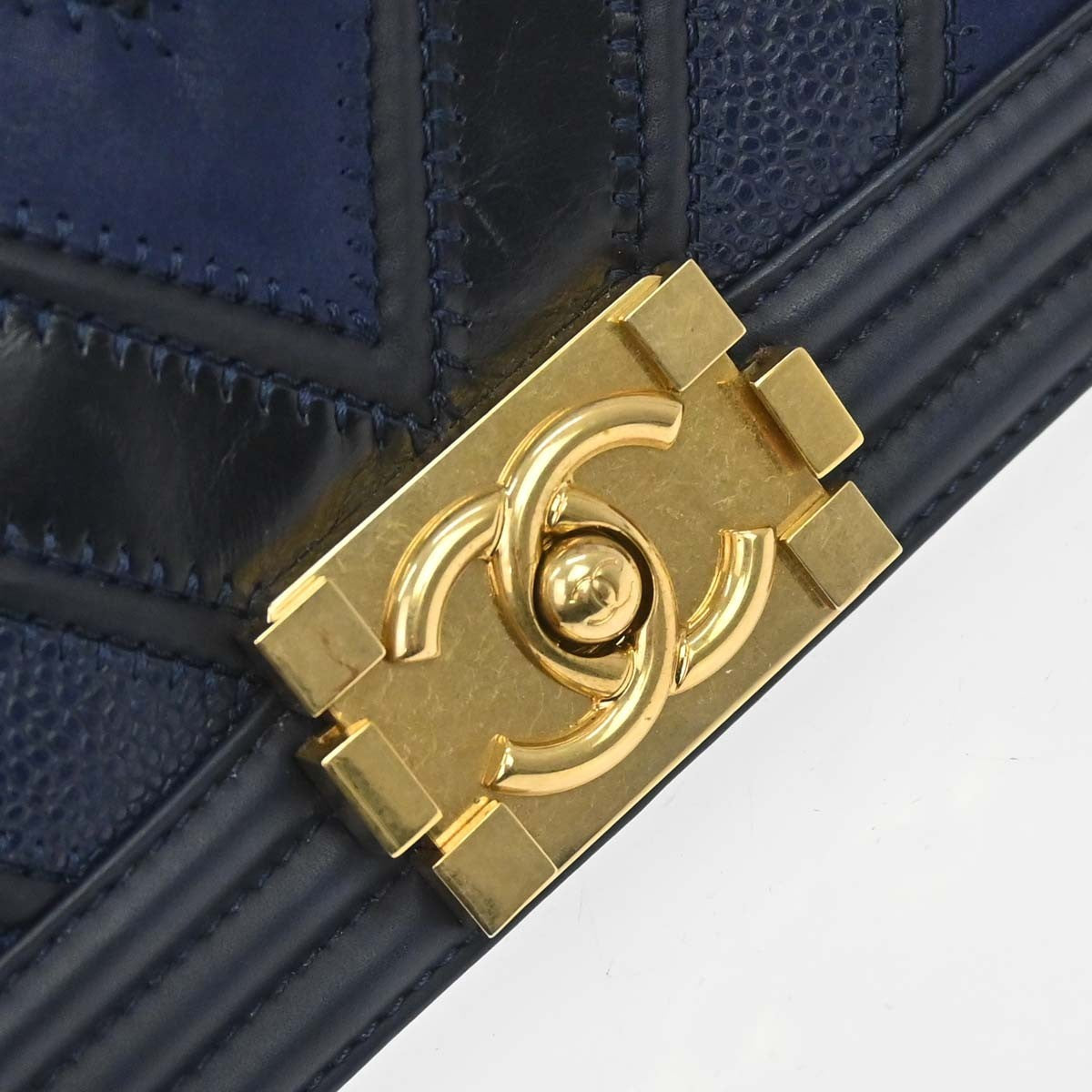Chanel Boy Black Navy Calfskin Medium Chain Shoulder Bag