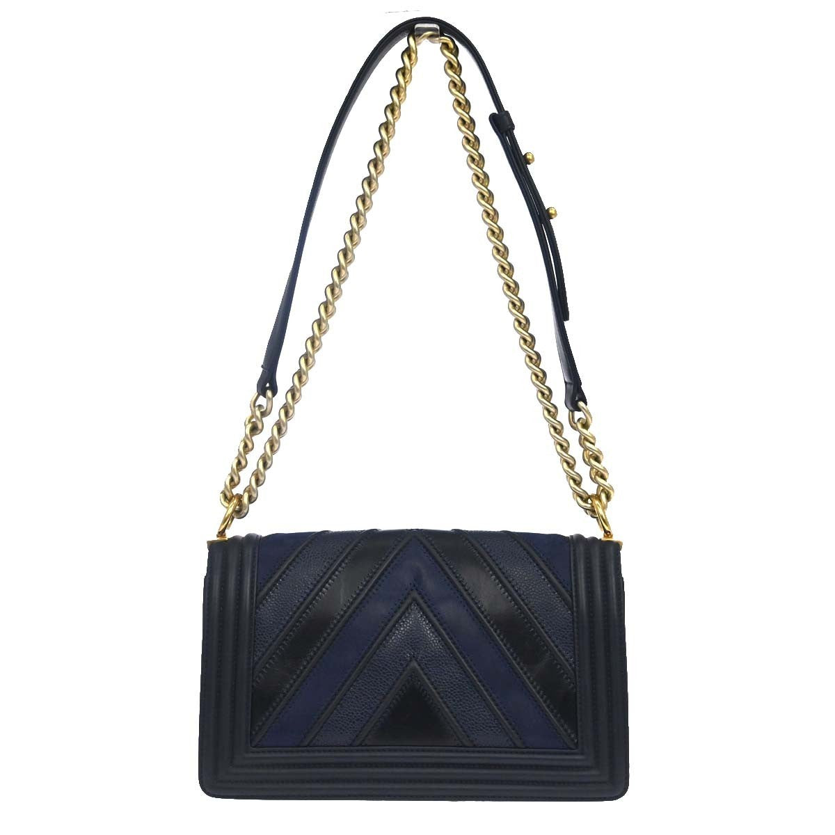 Chanel Boy Black Navy Calfskin Medium Chain Shoulder Bag