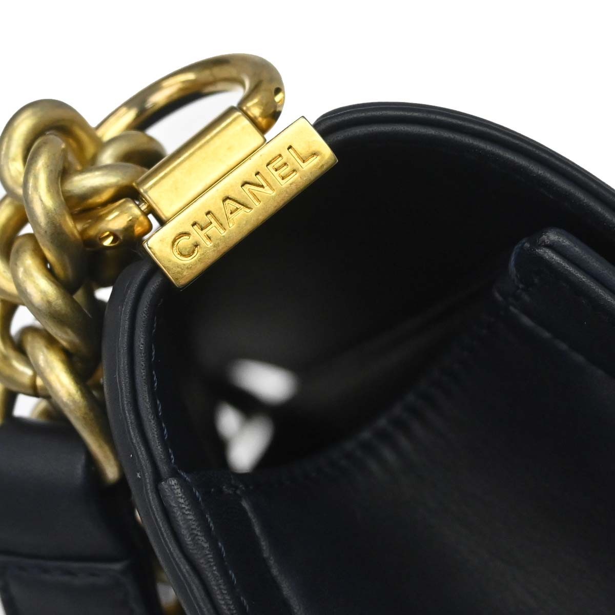 Chanel Boy Black Navy Calfskin Medium Chain Shoulder Bag
