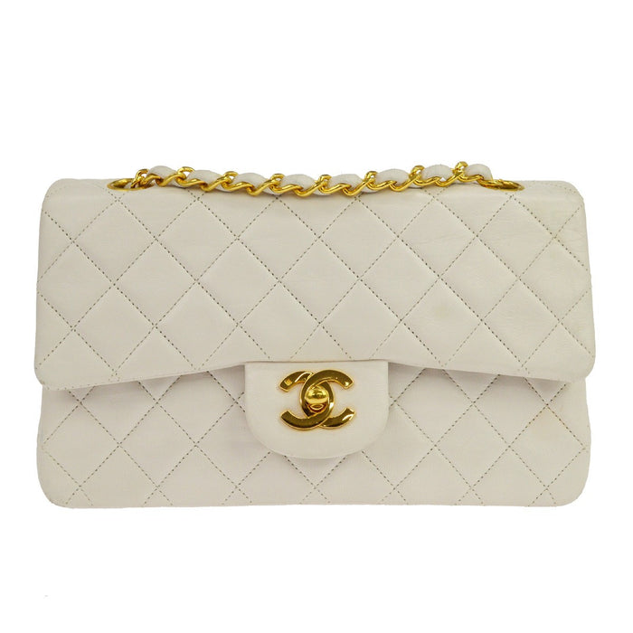 Chanel White Lambskin Small Classic Double Flap Shoulder Bag