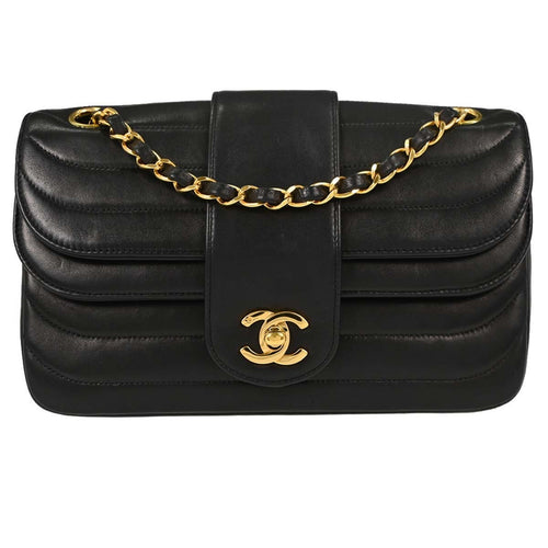 Chanel Black Lambskin Horizontal Stitch Small Double Flap Shoulder Bag