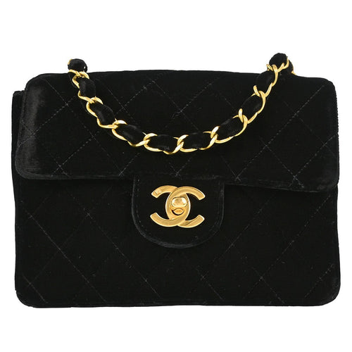 Chanel Black Velvet Mini Classic Square Flap 17 Shoulder Bag