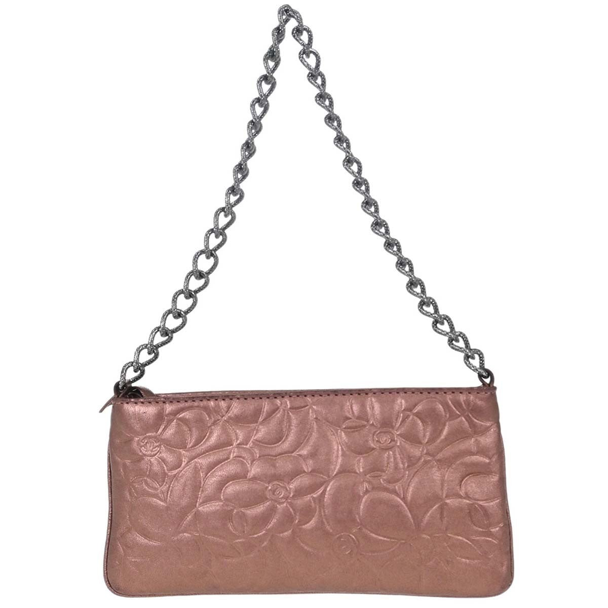 Chanel Metallic Pink Lambskin Camellia Mini Pochette Handbag